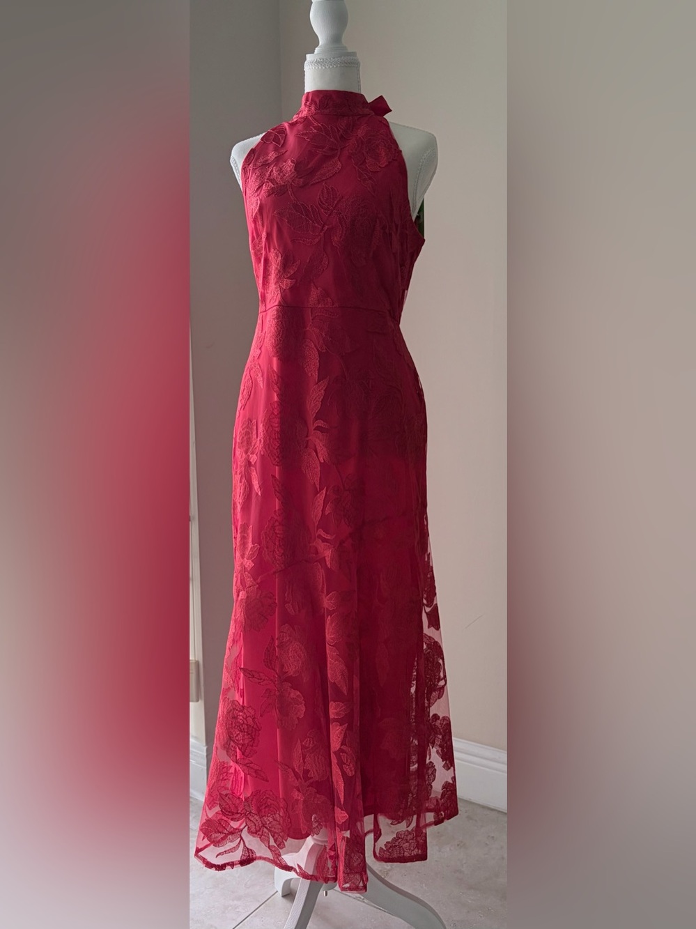 NWT Sam Edelman Leafy Embroidered Sheath Maxi Dress Coral Red Size 4